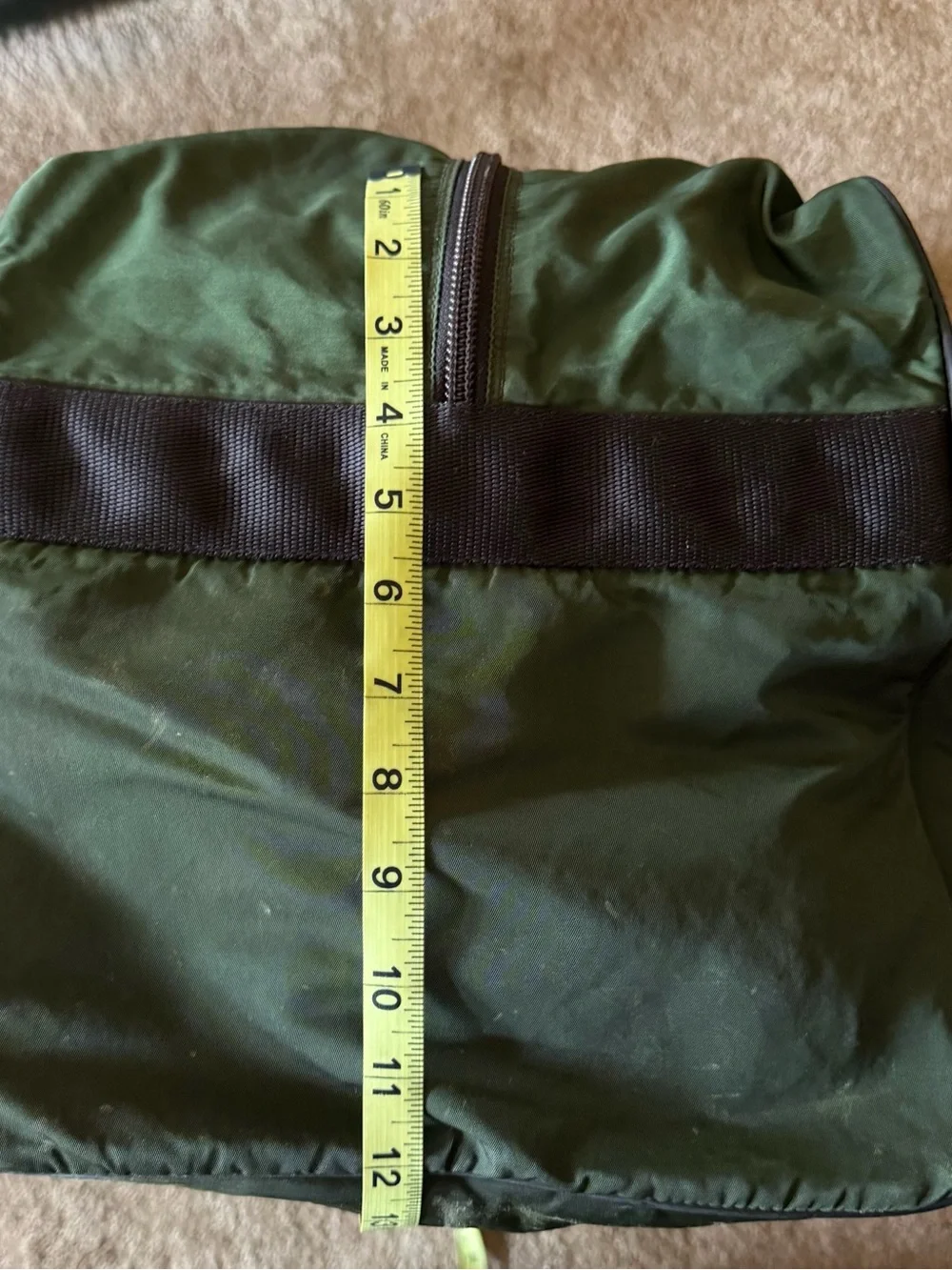 Prada Dark Olive Nylon Duffel Bag with Black Straps. Versatile Travel Piece!